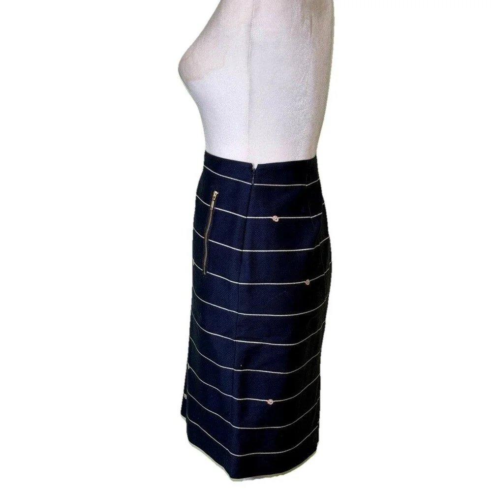 Women’s Navy White Striped Pencil Skirt‎ Nautical Preppy Knee Length Side Zip 8